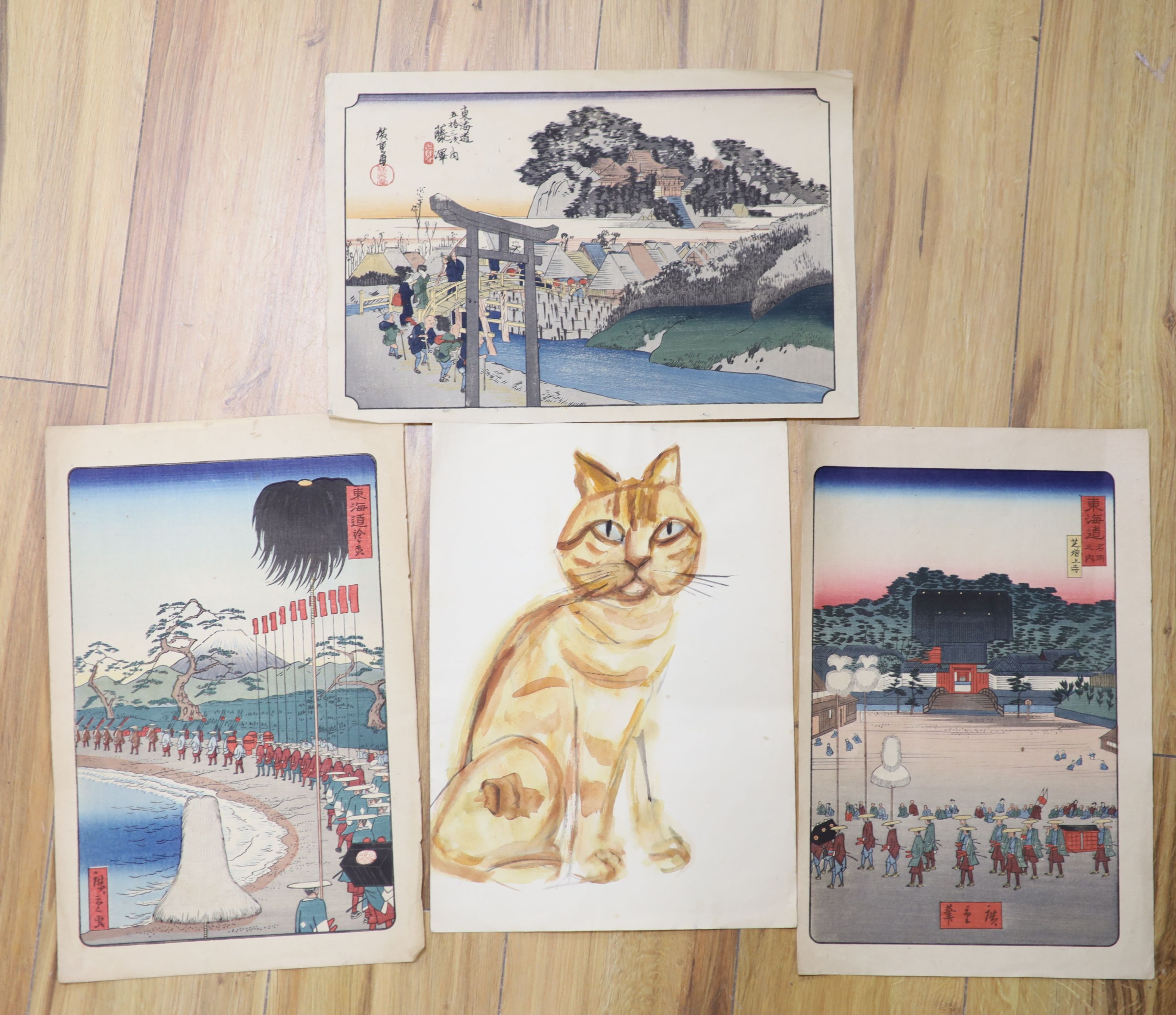 Japanese School, three woodblock prints, Warriors before Mount Fuji and other scenes, together with a watercolour of a cat, largest 38 x 25cm, unframed